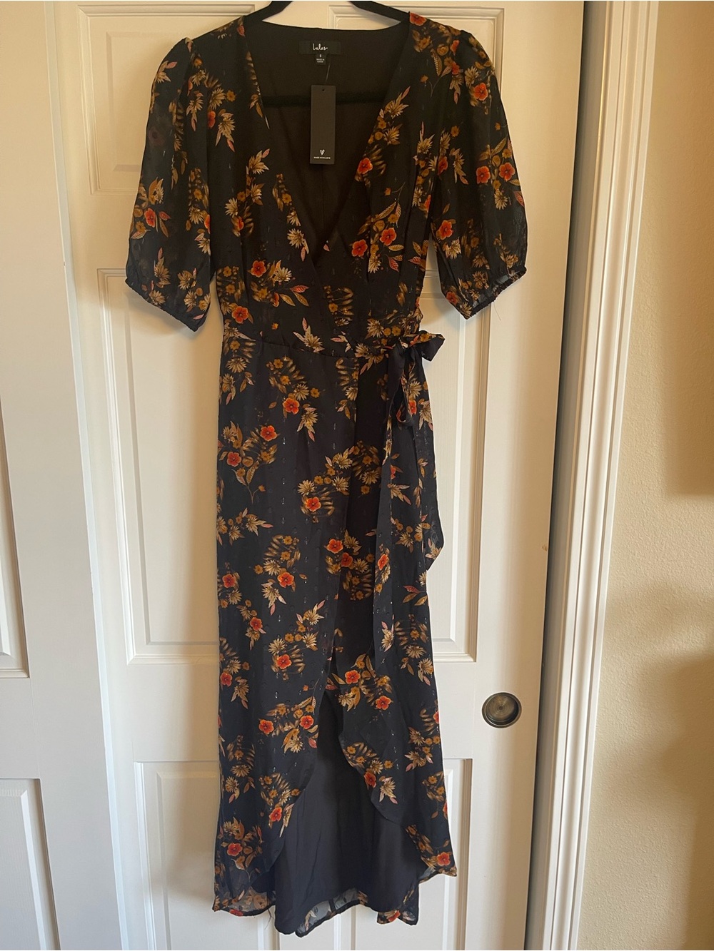 Lulu's Black Fall Floral Wrap High Low Maxi Dress with Orange and Tan Blooms